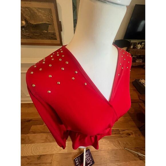 MICHAEL KORS RED FAUX WRAP CINCH WAIST LONG SLEEVE BLOUSE WOMENS XTRA SMALL - Picture 4 of 8